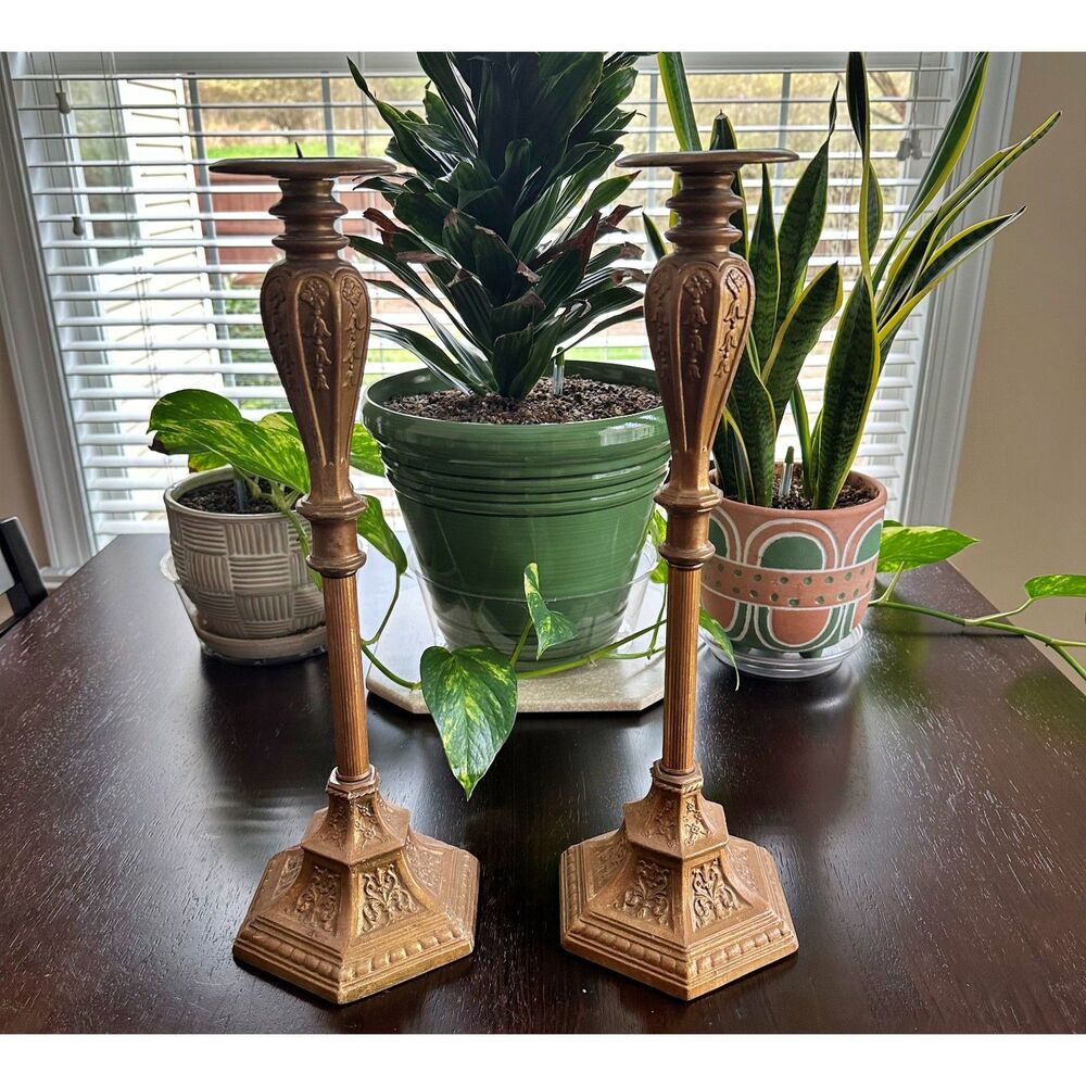 Vintage Brass-colored Candlesticks Ornate Floral Design w/ Hexagonal Bases